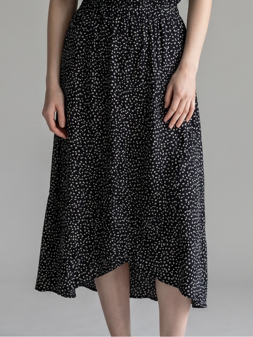 Japna Black Maxi Skirt with Cream Floral Dots